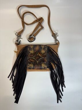Fringed Tan Crossbody Bag with Decorative Panel